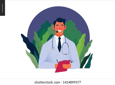 Medical insurance template -help 24 per 7, call us -modern flat vector concept digital illustration of male doctor with headset talking on the phone for a medical consultation. Medical company service
