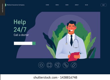 Medical insurance template -help 24 per 7, call us -modern flat vector concept digital illustration of male doctor with headset talking on the phone for a medical consultation. Medical company service
