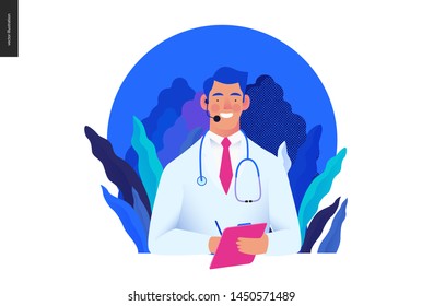 Medical insurance template -help 24 per 7, call us -modern flat vector concept digital illustration of male doctor with headset talking on the phone for a medical consultation. Medical company service