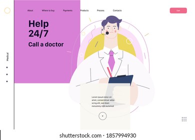 Medical insurance template -help 24 per 7, call us -modern flat vector concept digital illustration of male doctor with headset talking on the phone for a medical consultation. Medical company service