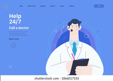 Medical insurance template -help 24 per 7, call us -modern flat vector concept digital illustration of male doctor with headset talking on the phone for a medical consultation. Medical company service