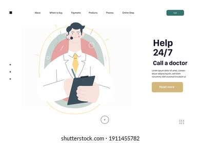 Medical insurance template -help 24 per 7, call us -modern flat vector concept digital illustration of male doctor with headset talking on the phone for a medical consultation. Medical company service