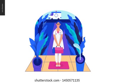 Medical insurance template -home medical assistance -modern flat vector concept digital illustration -nurse standing at the private residence entrance door Home medical service, part of insurance plan