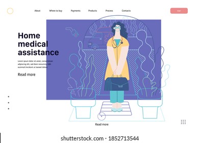 Medical insurance template -home medical assistance -modern flat vector concept digital illustration -nurse standing at the private residence entrance door Home medical service, part of insurance plan
