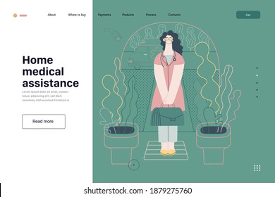 Medical insurance template -home medical assistance -modern flat vector concept digital illustration -nurse standing at the private residence entrance door Home medical service, part of insurance plan