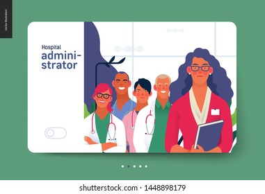 Medical Insurance Template -hospital Administrator -modern Flat Vector Concept Digital Illustration - A Female Hospital Administrator With A Team Of Doctors Concept, Medical Office Or Laboratory