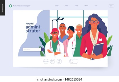 Medical Insurance Template -hospital Administrator -modern Flat Vector Concept Digital Illustration - A Female Hospital Administrator With A Team Of Doctors Concept, Medical Office Or Laboratory