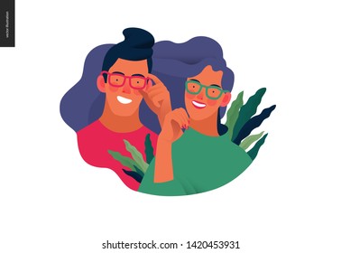 Medical insurance template - opticians shop advertising poster panel - modern flat vector concept digital illustration of a young couple wearing glasses - commercial banner illustration