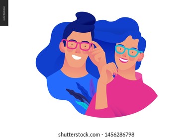 Medical insurance template - opticians shop advertising poster panel - modern flat vector concept digital illustration of a young couple wearing glasses - commercial banner illustration