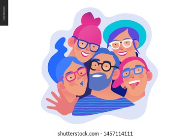 Medical insurance template - opticians shop advertising poster panel - modern flat vector concept digital illustration of young people wearing glasses portraits - commercial banner illustration