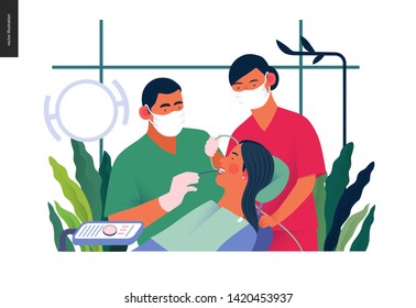 Medical Insurance Template - Routine Dental Checkups - Modern Flat Vector Concept Digital Illustration Of A Dental Procedure - Patient, Dentist Checking Teeth And A Nurse, The Dental Office Or