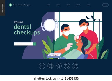 Medical insurance template - routine dental checkups - modern flat vector concept digital illustration of a dental procedure - patient, dentist checking teeth and a nurse, the dental office or