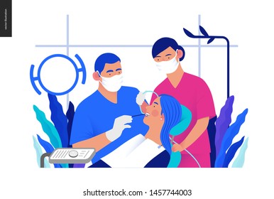 Medical Insurance Template - Routine Dental Checkups - Modern Flat Vector Concept Digital Illustration Of A Dental Procedure - Patient, Dentist Checking Teeth And A Nurse, The Dental Office Or
