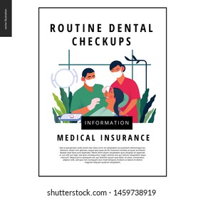 Medical insurance template -routine dental checkups - modern flat vector concept digital illustration of a dental procedure - patient, dentist checking teeth and nurse, the dental office or laboratory