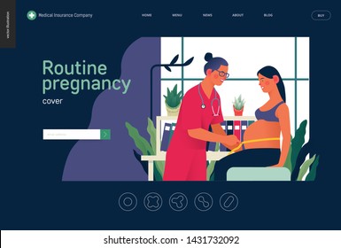Medical insurance template -routine pregnancy cover -modern flat vector concept digital illustration of a pregnant woman at the obstetrician reception, tape measuring process, medical insurance plan