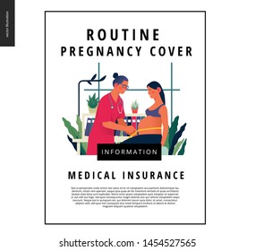 Medical insurance template -routine pregnancy cover -modern flat vector concept digital illustration of a pregnant woman at the obstetrician reception, tape measuring process, medical insurance plan