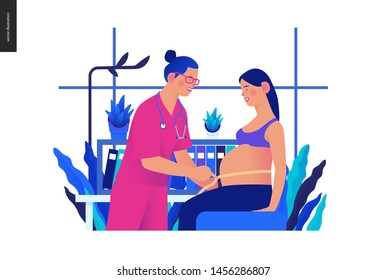 Medical insurance template -routine pregnancy cover -modern flat vector concept digital illustration of a pregnant woman at the obstetrician reception, tape measuring process, medical insurance plan