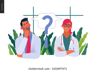 Medical insurance template -second opinion on a matter -modern flat vector concept digital illustration of two doctors and a question mark, second medical opinion metaphor, medical insurance plan