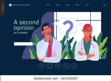 Medical insurance template -second opinion on a matter -modern flat vector concept digital illustration of two doctors and a question mark, second medical opinion metaphor, medical insurance plan