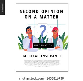 Medical insurance template -second opinion on a matter -modern flat vector concept digital illustration of two doctors and a question mark, second medical opinion metaphor, medical insurance plan