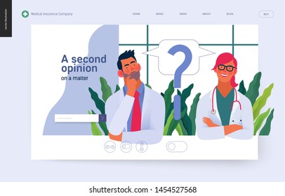 Medical insurance template -second opinion on a matter -modern flat vector concept digital illustration of two doctors and a question mark, second medical opinion metaphor, medical insurance plan