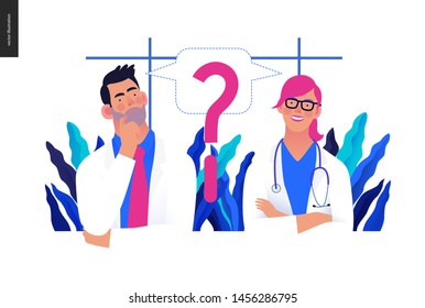 Medical insurance template -second opinion on a matter -modern flat vector concept digital illustration of two doctors and a question mark, second medical opinion metaphor, medical insurance plan