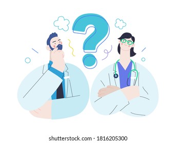 Medical insurance template -second opinion on a matter -modern flat vector concept digital illustration of two doctors and a question mark, second medical opinion metaphor, medical insurance plan