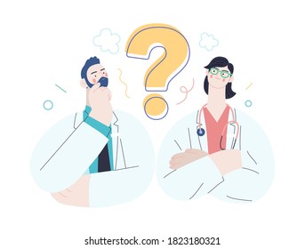 Medical insurance template -second opinion on a matter -modern flat vector concept digital illustration of two doctors and a question mark, second medical opinion metaphor, medical insurance plan