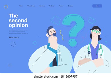 Medical insurance template -second opinion on a matter -modern flat vector concept digital illustration of two doctors and a question mark, second medical opinion metaphor, medical insurance plan