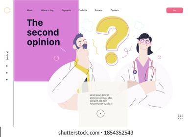 Medical insurance template -second opinion on a matter -modern flat vector concept digital illustration of two doctors and a question mark, second medical opinion metaphor, medical insurance plan