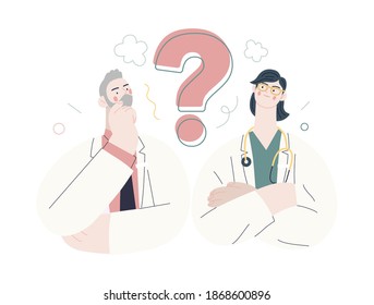 Medical insurance template -second opinion on a matter -modern flat vector concept digital illustration of two doctors and a question mark, second medical opinion metaphor, medical insurance plan