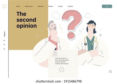 Medical insurance template -second opinion on a matter -modern flat vector concept digital illustration of two doctors and a question mark, second medical opinion metaphor, medical insurance plan