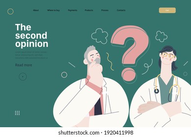 Medical insurance template -second opinion on a matter -modern flat vector concept digital illustration of two doctors and a question mark, second medical opinion metaphor, medical insurance plan