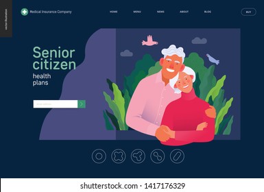 Medical insurance template -senior citizen health plan -modern flat vector concept digital illustration of a happy elderly couple, medical insurance plan