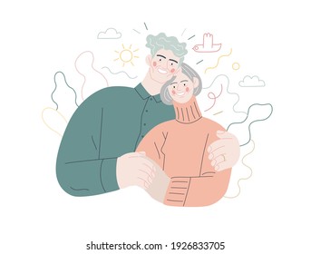 Medical insurance template -senior citizen health plan -modern flat vector concept digital illustration of a happy elderly embracing couple, medical insurance plan