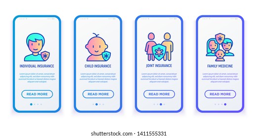 Medical insurance thin line icons set: individual, family, child. Modern vector illustration for user mobile interface.