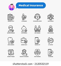 Medical insurance thin line icons set: policy, life insurance, psychological support, maternity program, 247 support, mobile app, telemedicine. Modern vector illustration.