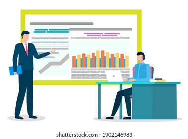 Medical insurance two analytics making report on board with graphs and charts and communicating with clients on laptop isolated vector illustration. Business people online consultants, table and chair