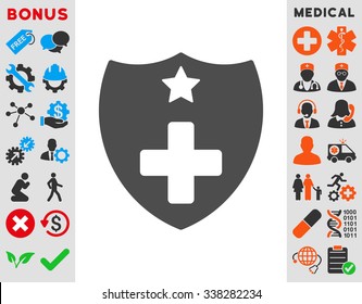 Medical Insurance vector icon with bonus. Style is flat symbol, gray color, rounded angles, white background.