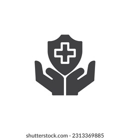 Medical insurance vector icon. Hands and medical shield filled flat sign for mobile concept and web design. Heath care glyph icon. Symbol, logo illustration. Vector graphics