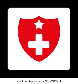 Medical Insurance vector icon. Style is flat rounded square button, red and white colors, black background.