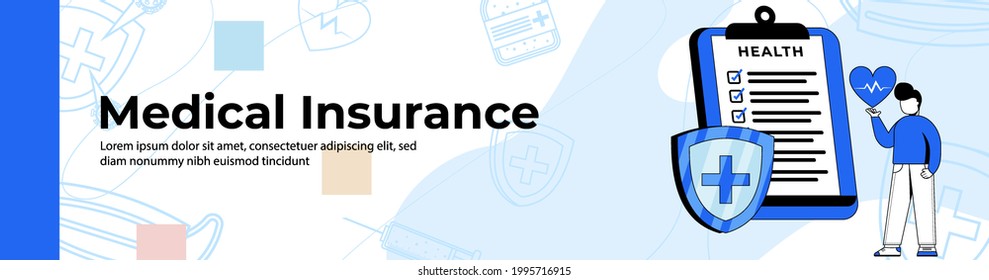 Medical Insurance Web Banner Design. A Man With Health Insurance. Header Or Footer Banner.