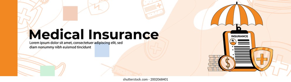 Medical Insurance Web Banner Design.health Insurance Board With Umbrella And Coins. Header Or Footer Banner.