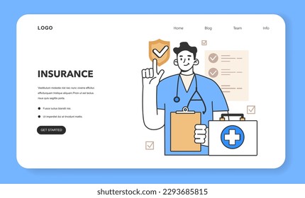 Medical insurance web banner or landing page. Security of health and life. Healthcare and first aid. Emergencies compensation or clinic services spendings coverage. Flat vector illustration