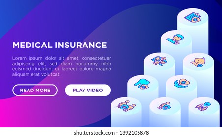 Medical insurance web page template with thin line isometric icons: policy, life insurance, psychological support, maternity program, 24/7 support, mobile app, telemedicine. Vector illustration.