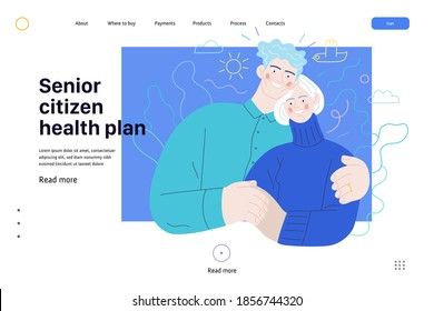 Medical insurance web page template -senior citizen health plan -modern flat vector concept digital illustration of a happy elderly embracing couple, medical insurance plan