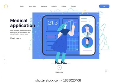 Medical insurance web page template - medical application -modern flat vector concept digital illustration - female user managing the schedule in the hospital application on the tablet