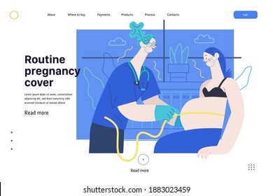 Medical insurance web page template -routine pregnancy cover -modern flat vector concept digital illustration - pregnant woman at obstetrician reception, tape measuring process, medical insurance plan