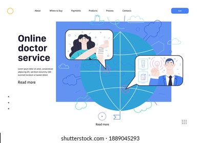 Medical insurance web page template- online doctor service -modern flat vector concept illustration -woman talking online with doctor from halfway around the world, medical service, insurance metaphor