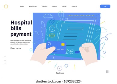 Medical insurance web page template- hospital bills payment -modern flat vector concept digital illustration - patient signing a stack of invoices, holding a credit card, medical service metaphor
